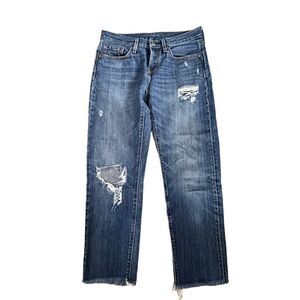 Levi’s ~ 501’s Blue Denim Jeans ~ Raw hem ~ Tapered Leg ~ size 27 T~ distressed